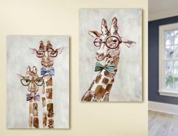2 Gemälde - Giraffen mit Brille und Fliege auf Leinwand, mehrfarbig