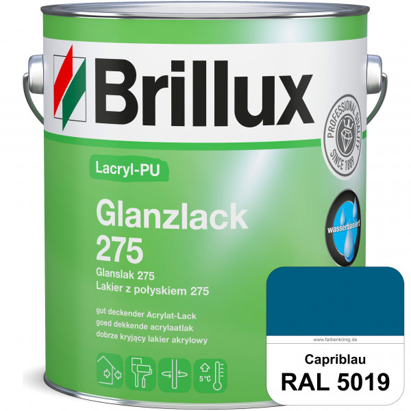 Lacryl-PU Glanzlack 275 (RAL 5019 Capriblau) Glänzender Lack (wasserbasiert) für z. B. Holz, Zink, A
