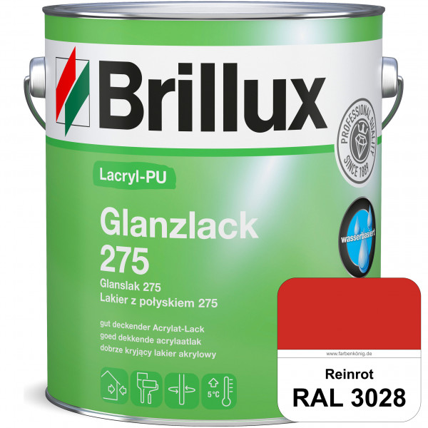Lacryl-PU Glanzlack 275 (RAL 3028 Reinrot) Glänzender Lack (wasserbasiert) für z. B. Holz, Zink, Alu