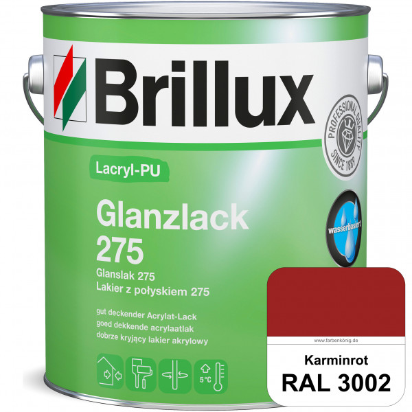 Lacryl-PU Glanzlack 275 (RAL 3002 Karminrot) Glänzender Lack (wasserbasiert) für z. B. Holz, Zink, A