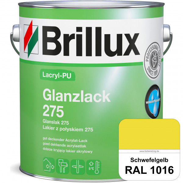 Lacryl-PU Glanzlack 275 (RAL 1016 Schwefelgelb) Glänzender Lack (wasserbasiert) für z. B. Holz, Zink