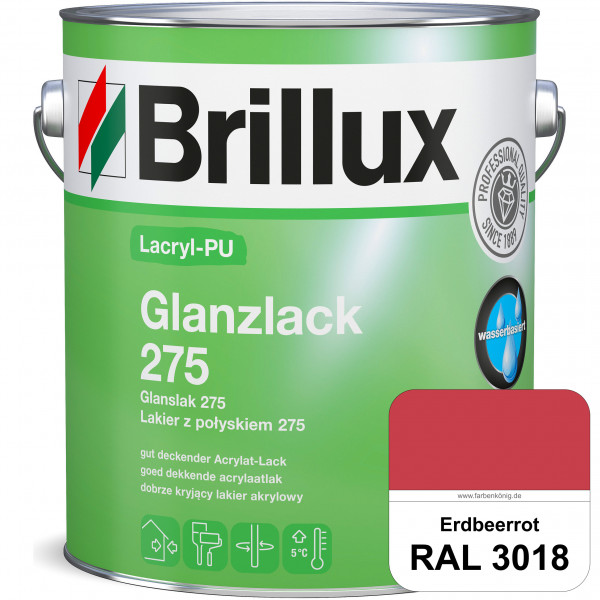 Lacryl-PU Glanzlack 275 (RAL 3018 Erdbeerrot) Glänzender Lack (wasserbasiert) für z. B. Holz, Zink,
