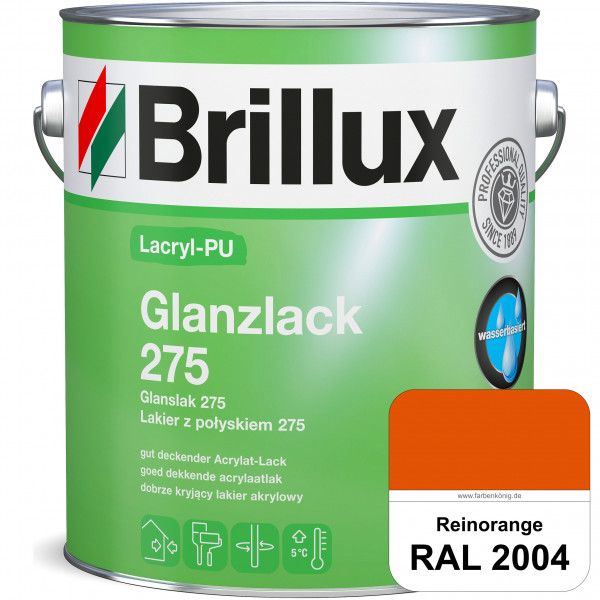 Lacryl-PU Glanzlack 275 (RAL 2004 Reinorange) Glänzender Lack (wasserbasiert) für z. B. Holz, Zink,