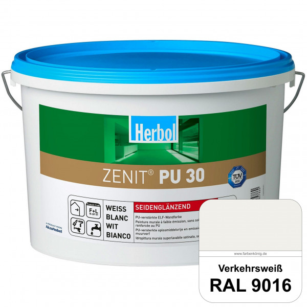 Zenit PU 30 (RAL 9016 Verkehrsweiß) seidenglänzende und strapazierfähige PU-Wandfarbe