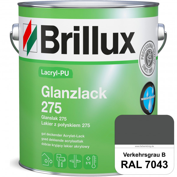 Lacryl-PU Glanzlack 275 (RAL 7043 Verkehrsgrau B) Glänzender Lack (wasserbasiert) für z. B. Holz, Zi