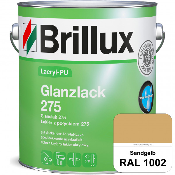 Lacryl-PU Glanzlack 275 (RAL 1002 Sandgelb) Glänzender Lack (wasserbasiert) für z. B. Holz, Zink, Al