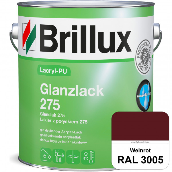 Lacryl-PU Glanzlack 275 (RAL 3005 Weinrot) Glänzender Lack (wasserbasiert) für z. B. Holz, Zink, Alu