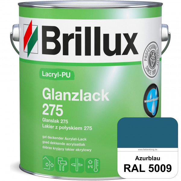 Lacryl-PU Glanzlack 275 (RAL 5009 Azurblau) Glänzender Lack (wasserbasiert) für z. B. Holz, Zink, Al