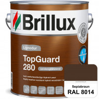 TopGuard 280 (RAL 8014 Sepiabraun) wasserbasierte, wetterbeständige und seidenglänzende Hybridlasur 