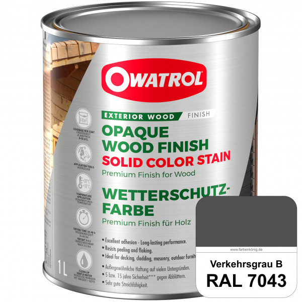 Solid Color Stain (RAL 7043 Verkehrsgrau B) deckende und matte Wetterschutzfarbe außen