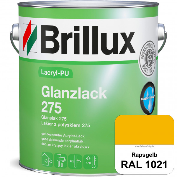 Lacryl-PU Glanzlack 275 (RAL 1021 Rapsgelb) Glänzender Lack (wasserbasiert) für z. B. Holz, Zink, Al
