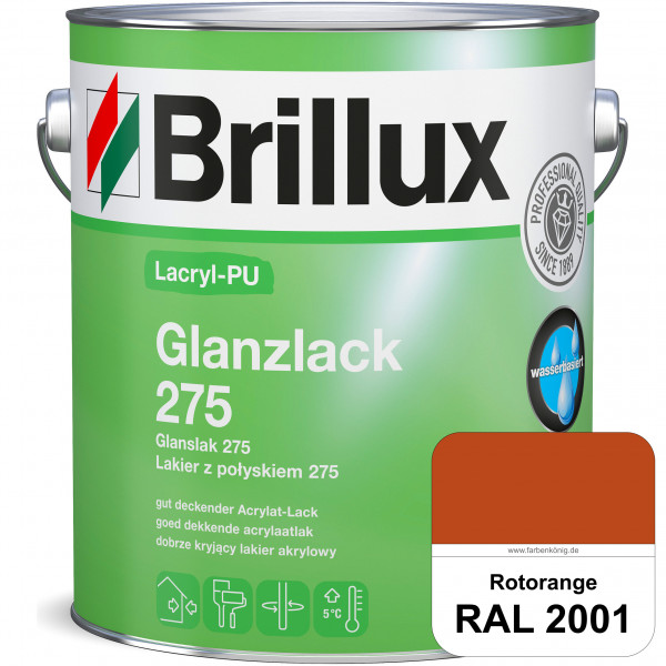 Lacryl-PU Glanzlack 275 (RAL 2001 Rotorange) Glänzender Lack (wasserbasiert) für z. B. Holz, Zink, A