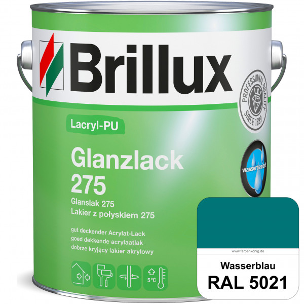 Lacryl-PU Glanzlack 275 (RAL 5021 Wasserblau) Glänzender Lack (wasserbasiert) für z. B. Holz, Zink,