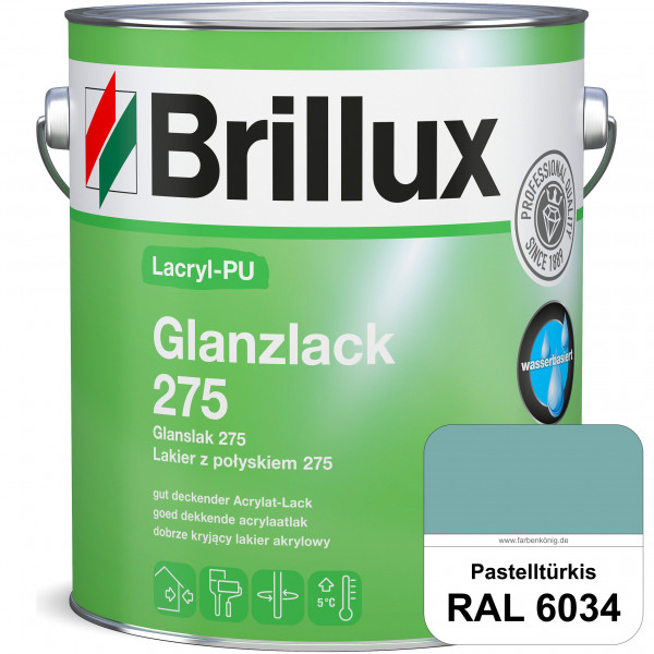 Lacryl-PU Glanzlack 275 (RAL 6034 Pastelltürkis) Glänzender Lack (wasserbasiert) für z. B. Holz, Zin