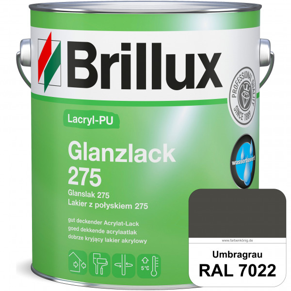 Lacryl-PU Glanzlack 275 (RAL 7022 Umbragrau) Glänzender Lack (wasserbasiert) für z. B. Holz, Zink, A