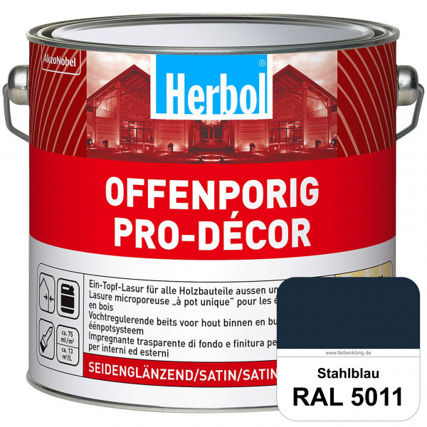 Herbol Offenporig Pro-Décor (RAL 5011 Stahlblau) Hochwertige Ein-Topf-Holzlasur mit 2-Phasen-UV-Schu