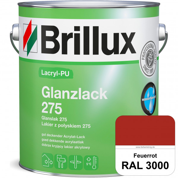 Lacryl-PU Glanzlack 275 (RAL 3000 Feuerrot) Glänzender Lack (wasserbasiert) für z. B. Holz, Zink, Al