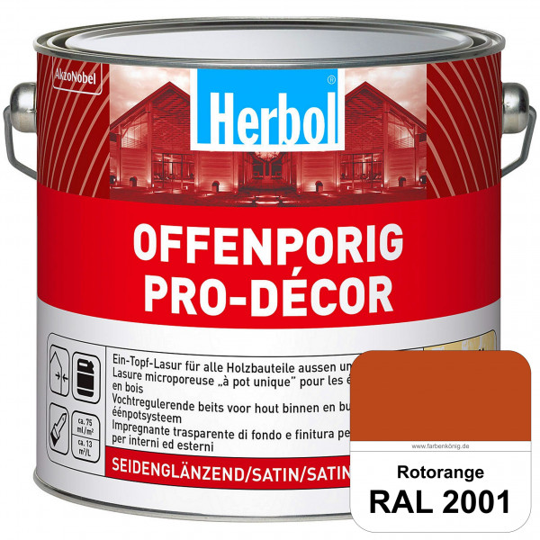 Herbol Offenporig Pro-Décor (RAL 2001 Rotorange) Hochwertige Ein-Topf-Holzlasur mit 2-Phasen-UV-Schu