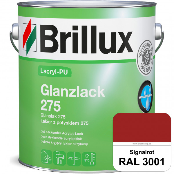 Lacryl-PU Glanzlack 275 (RAL 3001 Signalrot) Glänzender Lack (wasserbasiert) für z. B. Holz, Zink, A