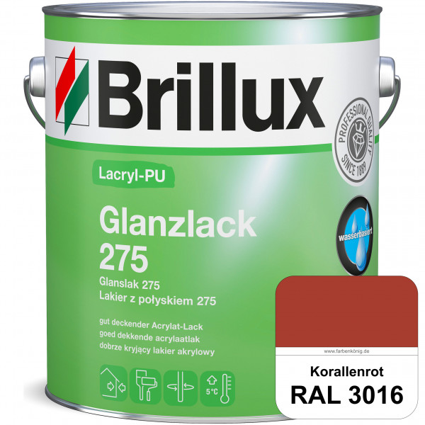 Lacryl-PU Glanzlack 275 (RAL 3016 Korallenrot) Glänzender Lack (wasserbasiert) für z. B. Holz, Zink,