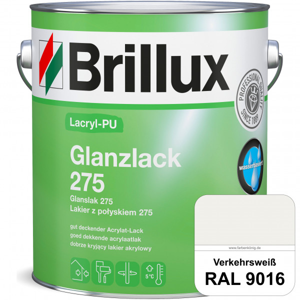 Lacryl-PU Glanzlack 275 (RAL 9016 Verkehrsweiß) Glänzender Lack (wasserbasiert) für z. B. Holz, Zink