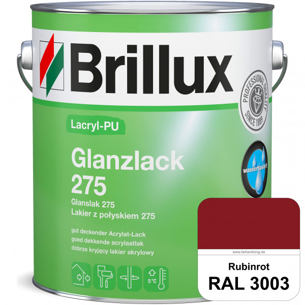 Lacryl-PU Glanzlack 275 (RAL 3003 Rubinrot) Glänzender Lack (wasserbasiert) für z. B. Holz, Zink, Al