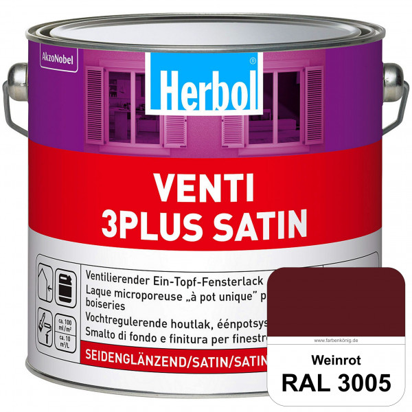 Venti 3Plus Satin (RAL 3005 Weinrot) feuchtigkeitregulierender & seidenglänzender Ein-Topf-Fensterla
