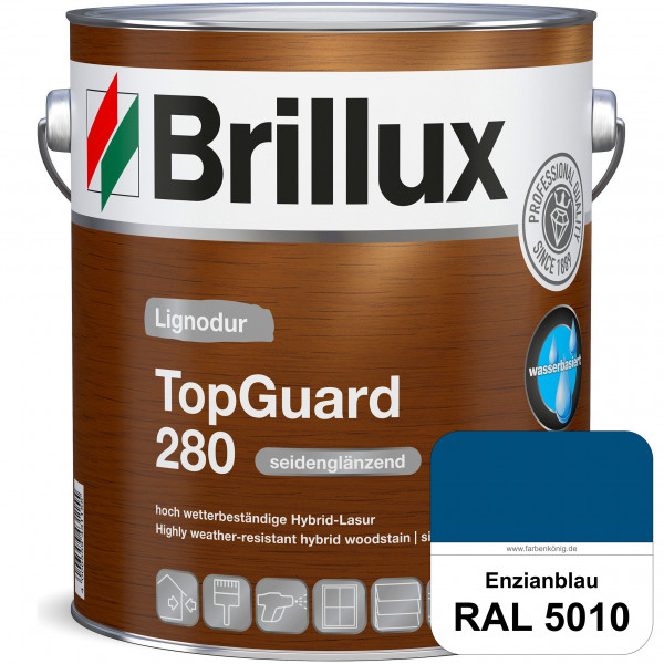 TopGuard 280 (RAL 5010 Enzianblau) wasserbasierte, wetterbeständige und seidenglänzende Hybridlasur