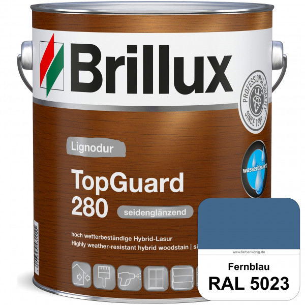 TopGuard 280 (RAL 5023 Fernblau) wasserbasierte, wetterbeständige und seidenglänzende Hybridlasur (A