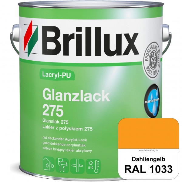 Lacryl-PU Glanzlack 275 (RAL 1033 Dahliengelb) Glänzender Lack (wasserbasiert) für z. B. Holz, Zink,