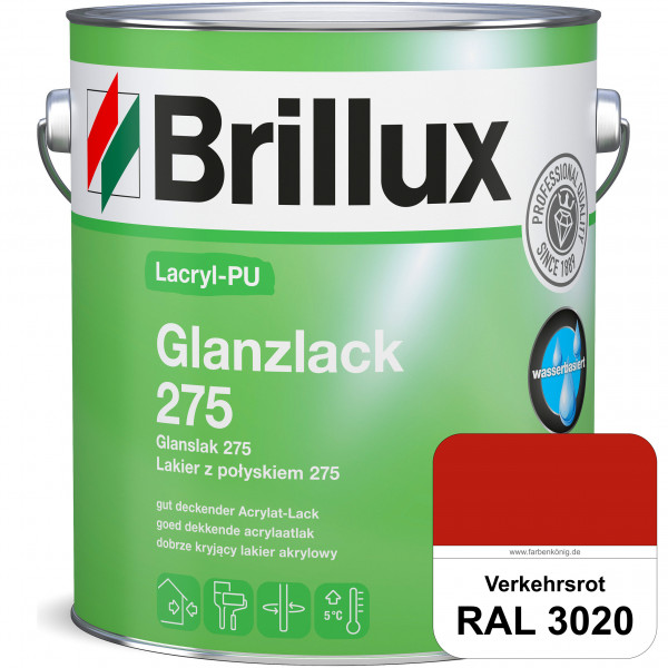 Lacryl-PU Glanzlack 275 (RAL 3020 Verkehrsrot) Glänzender Lack (wasserbasiert) für z. B. Holz, Zink,