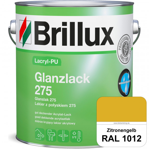 Lacryl-PU Glanzlack 275 (RAL 1012 Zitronengelb) Glänzender Lack (wasserbasiert) für z. B. Holz, Zink