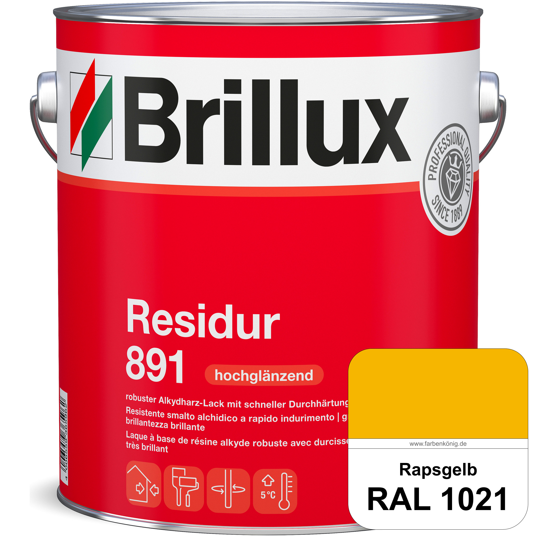 High-Solid Lackfarbe, RAL 1021 Rapsgelb hochglänzend, 5 Liter, strapazierfähig